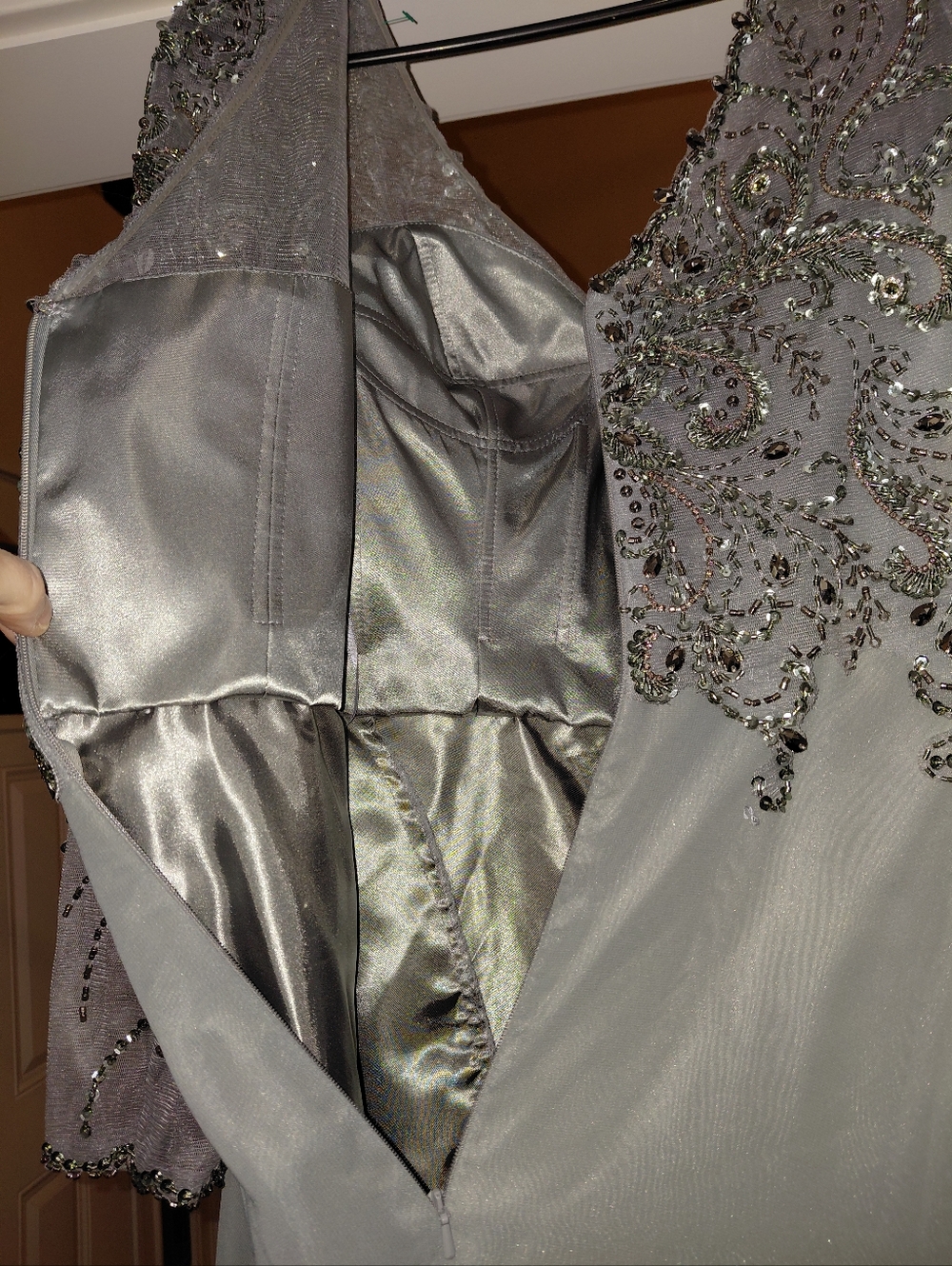 MGNY Madeline Gardner Slate Gray Beaded Illusion Gown - Size 6- Tea Length - Picture 9 of 16